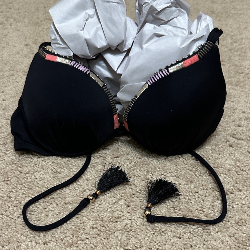 Black Tassel Trim Pushup Bikini Top